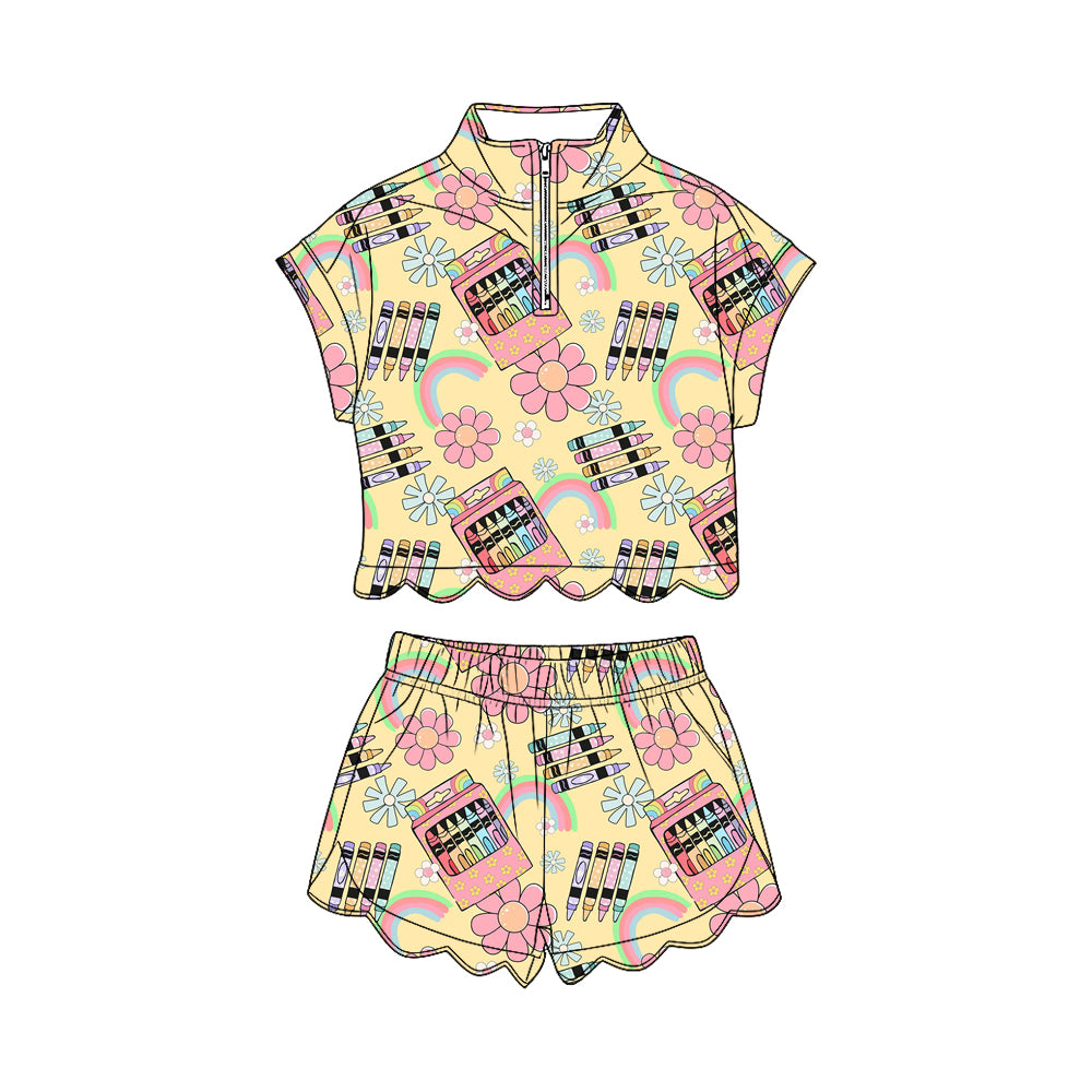 MOQ 30 PCS Preorder GSSO3587 Back to School Flower Crayon Rainbow Zip Wave Ruffle Short Sleeve Shorts Girls Sets 202603