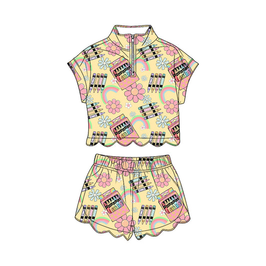 MOQ 30 PCS Preorder GSSO3587 Back to School Flower Crayon Rainbow Zip Wave Ruffle Short Sleeve Shorts Girls Sets 202603