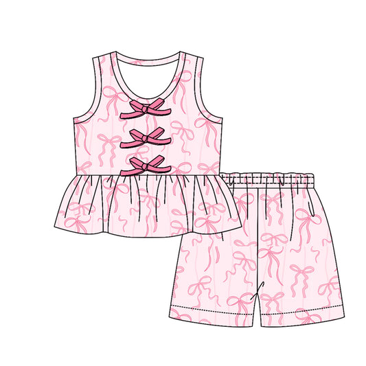 MOQ 5 PCS Preorder GSSO3588 Pink Bows Sleeveless Shorts Girls Sets 202603