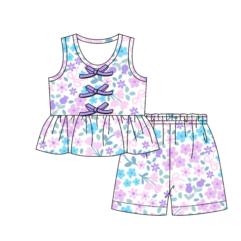 MOQ 5 PCS Preorder GSSO3589 Purple Blue Flower Bows Sleeveless Shorts Girls Sets 202603