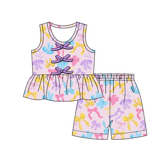 MOQ 5 PCS Preorder GSSO3592 Colored Bows Purple Sleeveless Shorts Girls Sets 202603