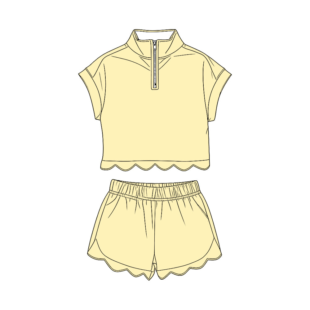 MOQ 30 PCS Preorder GSSO3594 Solid Yellow Zip Wave Ruffle Short Sleeve Shorts Girls Sets 202603