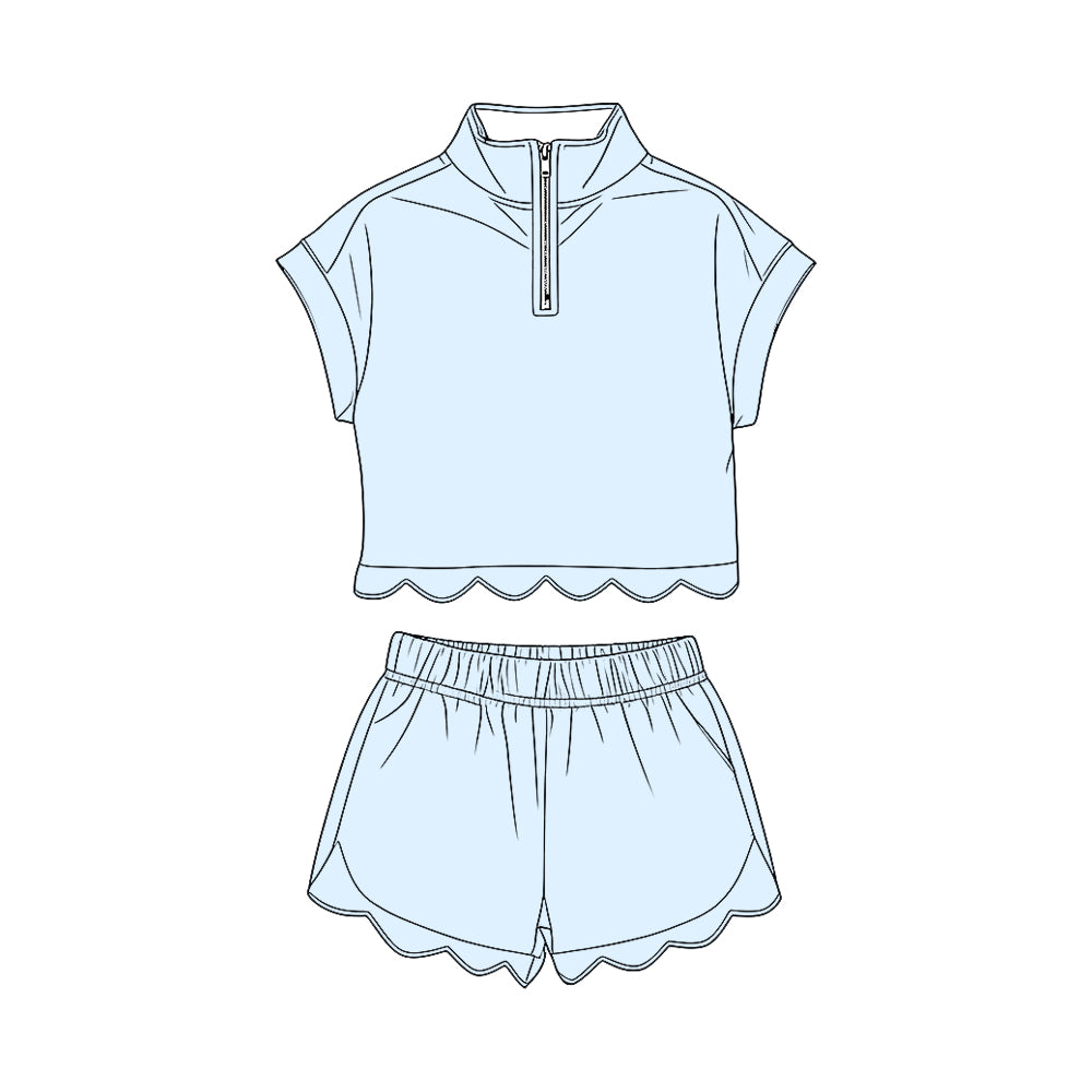 MOQ 30 PCS Preorder GSSO3595 Solid Light Blue Zip Wave Ruffle Short Sleeve Shorts Girls Sets 202603