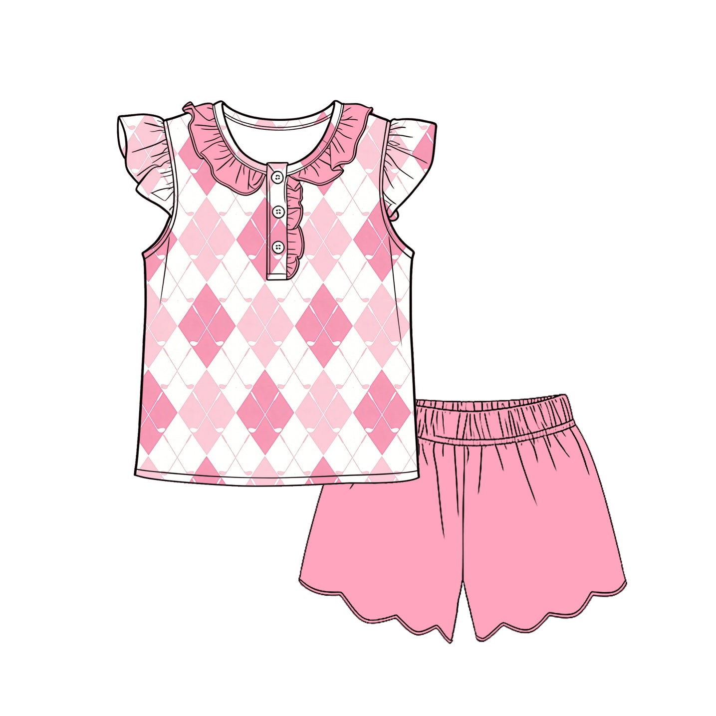 MOQ 30 PCS Preorder GSSO3598 Golf Pattern Pink Ruffle Fly Sleeve Shorts Girls Sets 202603