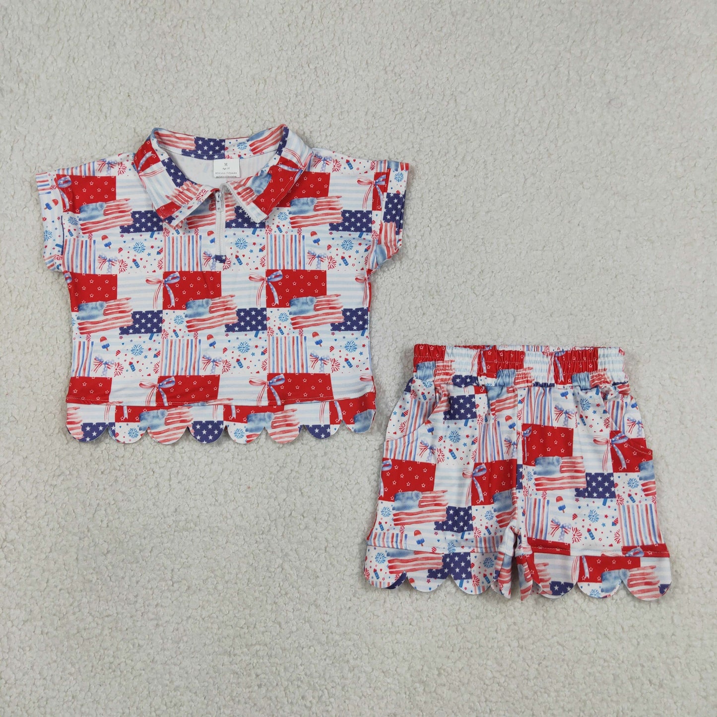 GSSO3599 4th of July Flag Star Stripe Fireworks Plaid Bow Red Zip Wave Ruffle Short Sleeve Shorts Girls Sets 202605 RTS