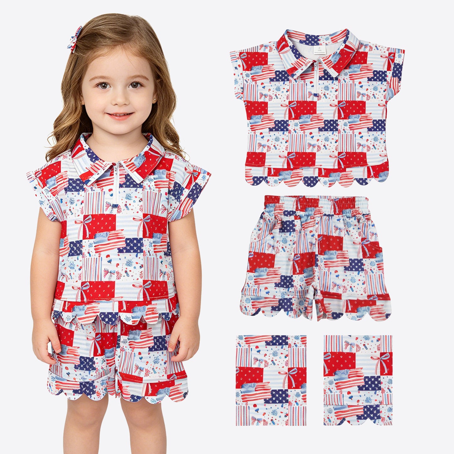 GSSO3599 4th of July Flag Star Stripe Fireworks Plaid Bow Red Zip Wave Ruffle Short Sleeve Shorts Girls Sets 202605 RTS