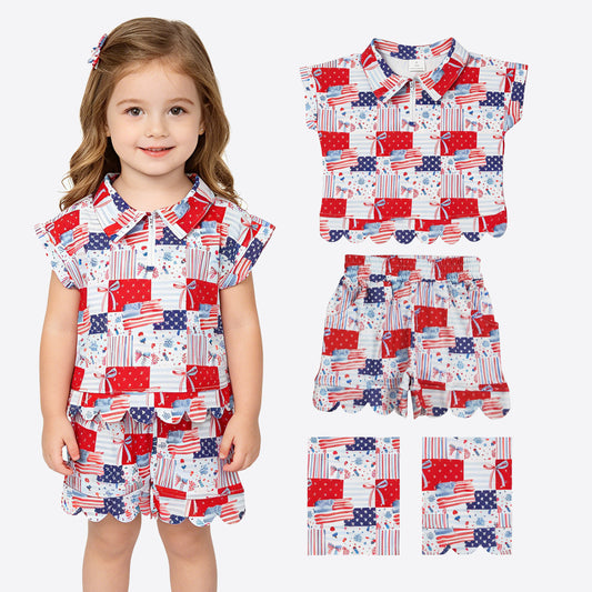 GSSO3599 4th of July Flag Star Stripe Fireworks Plaid Bow Red Zip Wave Ruffle Short Sleeve Shorts Girls Sets 202605 RTS