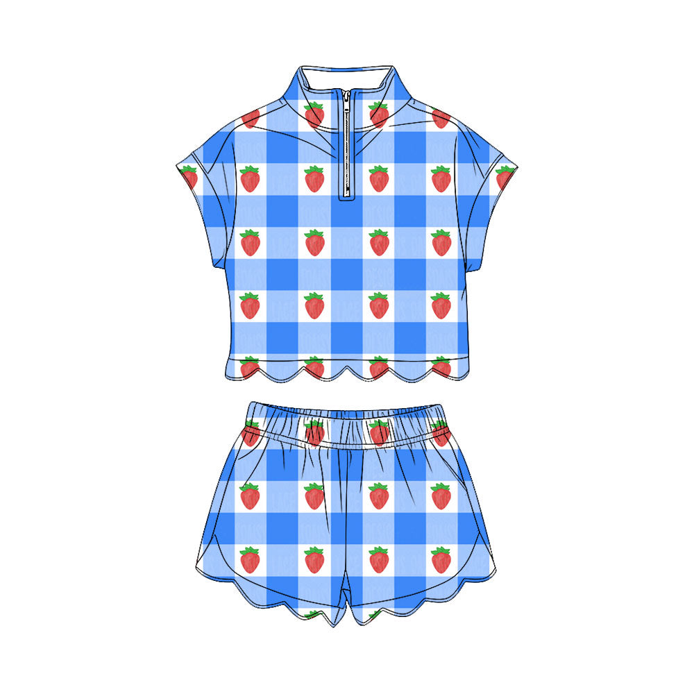 MOQ 30 PCS Preorder GSSO3600 Strawberry Blue Plaid Zip Wave Ruffle Short Sleeve Shorts Girls Sets 202603