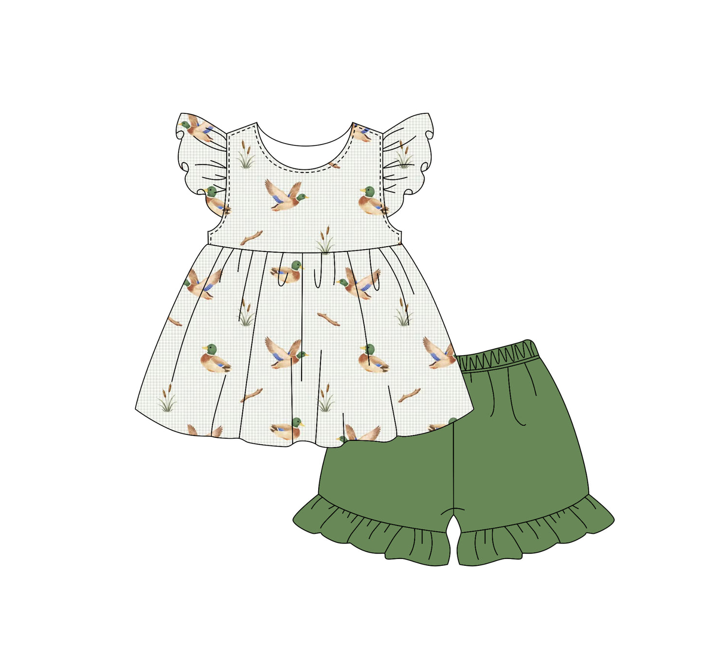 MOQ 5 PCS Preorder GSSO3602 Ducks Green Plaid Fly Sleeve Ruffle Shorts Girls Sets 202603