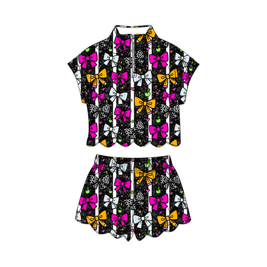 MOQ 30 PCS Preorder GSSO3603 Back to School Pencil Cow Print Bows Stripe Zip Wave Ruffle Short Sleeve Shorts Girls Sets 202603