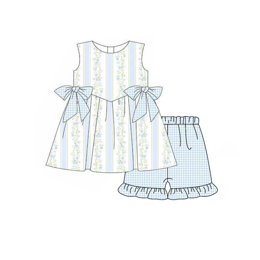 MOQ 5 PCS Preorder GSSO3604 Flower Stripe Blue Plaid Bows Sleeveless Ruffle Shorts Girls Sets 202603