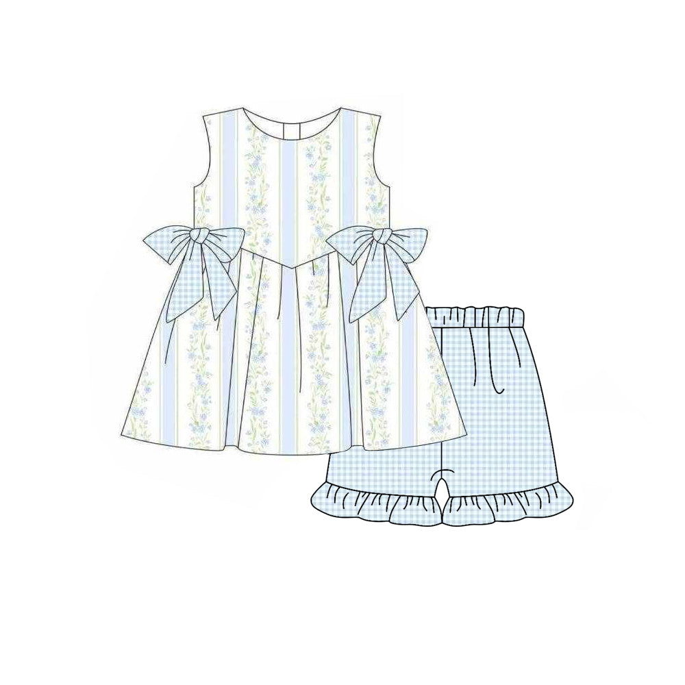 MOQ 5 PCS Preorder GSSO3604 Flower Stripe Blue Plaid Bows Sleeveless Ruffle Shorts Girls Sets 202603