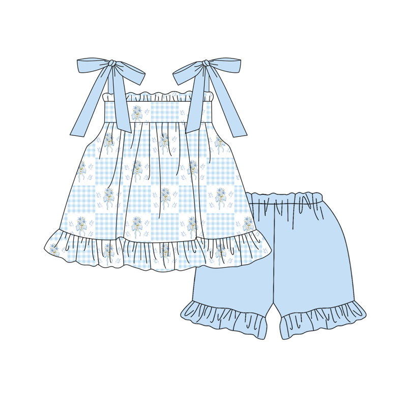 MOQ 5 PCS Preorder GSSO3605 Flower Blue Plaid Ruffle Halter Shorts Girls Sets 202603
