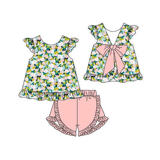 MOQ 5 PCS Preorder GSSO3606 Flower Leaf Pink Big Bow Ruffle Fly Sleeve Shorts Girls Sets 202603
