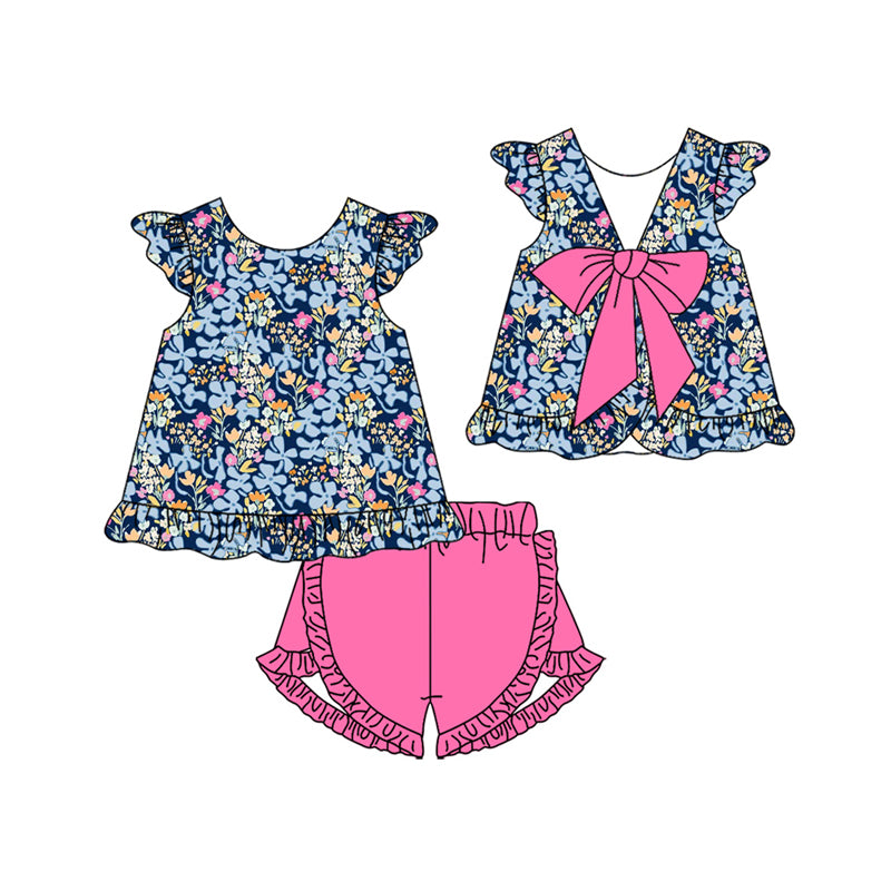 MOQ 5 PCS Preorder GSSO3607 Flower Leaf Rose Red Big Bow Ruffle Navy Fly Sleeve Shorts Girls Sets 202603