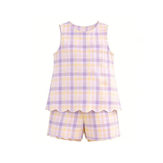 MOQ 30 PCS Preorder GSSO3608 Yellow Purple Plaid Wave Ruffle Sleeveless Shorts Girls Sets 202603