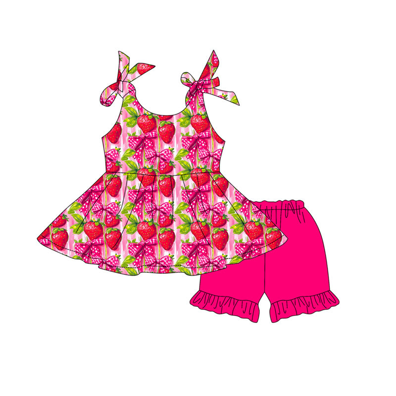 MOQ 5 PCS Preorder GSSO3609 Strawberry Stripe Rose Red Ruffle Sleeveless Shorts Girls Sets 202603