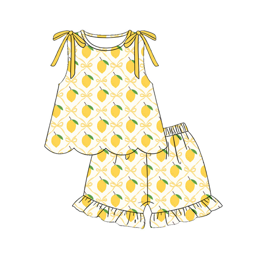 MOQ 30 PCS Preorder GSSO3611 Lemon Yellow Bows Scalloped Wave Ruffle Sleeveless Shorts Girls Sets 202603