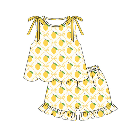 MOQ 30 PCS Preorder GSSO3611 Lemon Yellow Bows Scalloped Wave Ruffle Sleeveless Shorts Girls Sets 202603