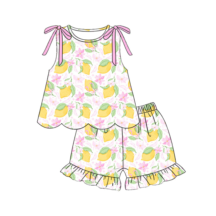 MOQ 30 PCS Preorder GSSO3612 Lemon Leaf Pink Flower Bows Scalloped Wave Ruffle Sleeveless Shorts Girls Sets 202603