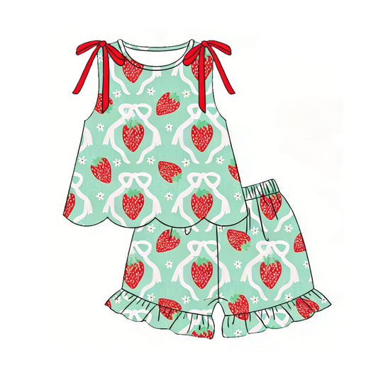 MOQ 30 PCS Preorder GSSO3613 Red Strawberry Bows Flower Green Scalloped Wave Ruffle Sleeveless Shorts Girls Sets 202603
