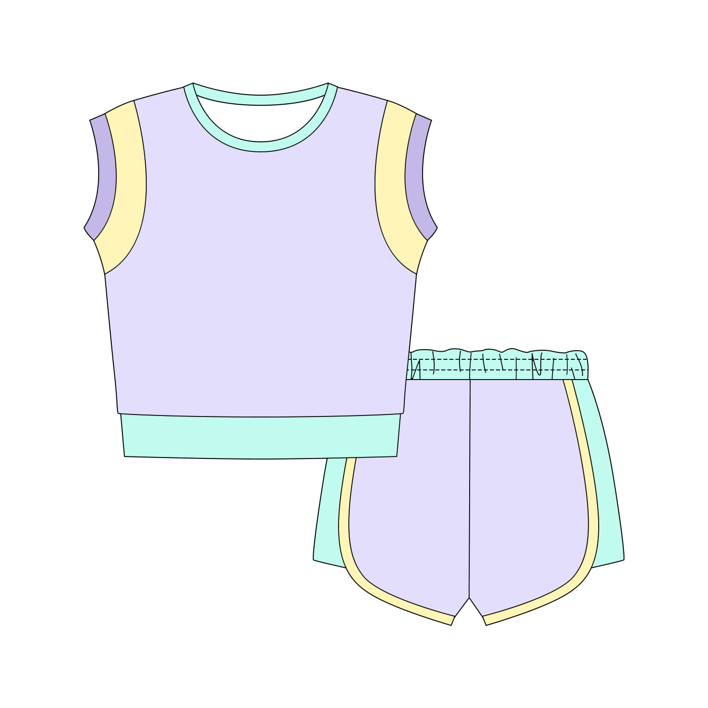 MOQ 5 PCS Preorder GSSO3614 Purple Yellow Blue Green Patchwork Sleeveless Shorts Girls Sets 202603