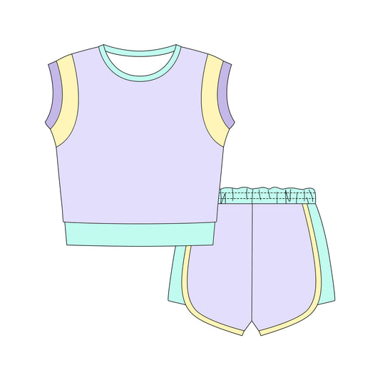 MOQ 5 PCS Preorder GSSO3614 Purple Yellow Blue Green Patchwork Sleeveless Shorts Girls Sets 202603