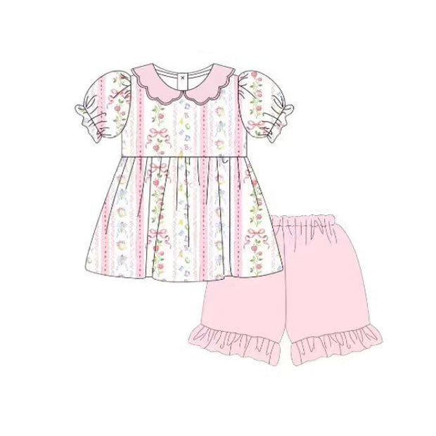 MOQ 5 PCS Preorder GSSO3615 Back to School Apple Flower Bow Stripe Pink Doll Collar Short Sleeve Shorts Girls Sets 202603