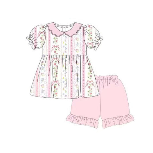 MOQ 5 PCS Preorder GSSO3615 Back to School Apple Flower Bow Stripe Pink Doll Collar Short Sleeve Shorts Girls Sets 202603