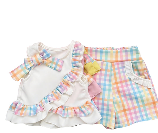 MOQ 5 PCS Preorder GSSO3617 Colored Plaid Ruffle Bows Sleeveless Shorts Girls Sets 202603