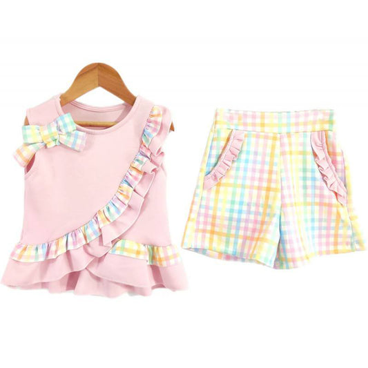 MOQ 5 PCS Preorder GSSO3618 Colored Plaid Ruffle Bows Pink Sleeveless Shorts Girls Sets 202603