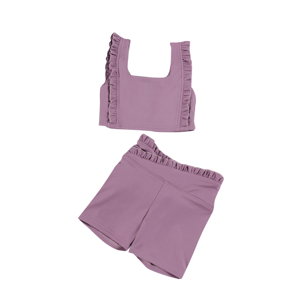 MOQ 5 PCS Preorder GSSO3622 Solid Purple Ruffle Sleeveless Shorts Girls Yoga Sets 202603