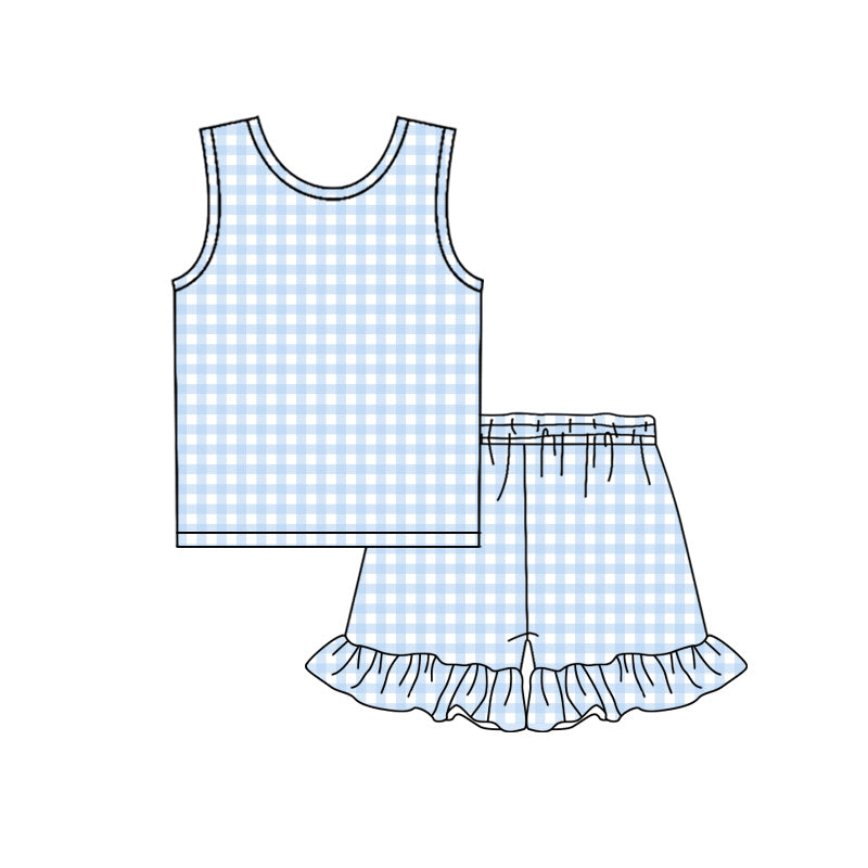 MOQ 5 PCS Preorder GSSO3624 Blue Plaid Sleeveless Ruffle Shorts Girls Sets 202603