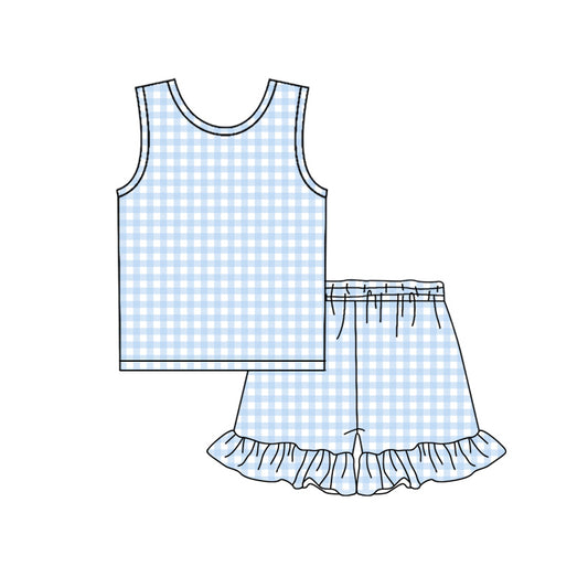 MOQ 5 PCS Preorder GSSO3624 Blue Plaid Sleeveless Ruffle Shorts Girls Sets 202603