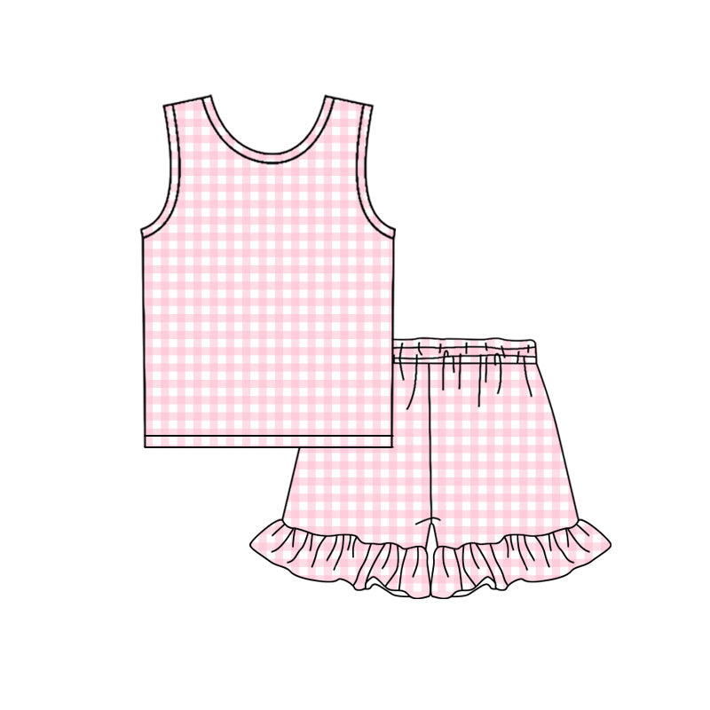 MOQ 5 PCS Preorder GSSO3625 Pink Plaid Sleeveless Ruffle Shorts Girls Sets 202603