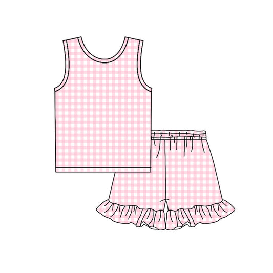 MOQ 5 PCS Preorder GSSO3625 Pink Plaid Sleeveless Ruffle Shorts Girls Sets 202603