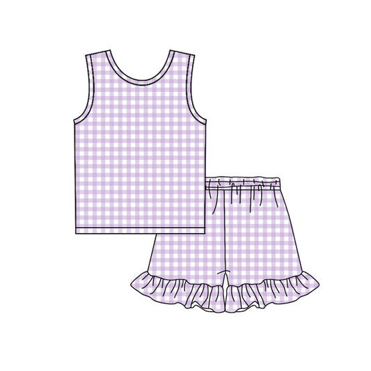 MOQ 5 PCS Preorder GSSO3627 Purple Plaid Sleeveless Ruffle Shorts Girls Sets 202603