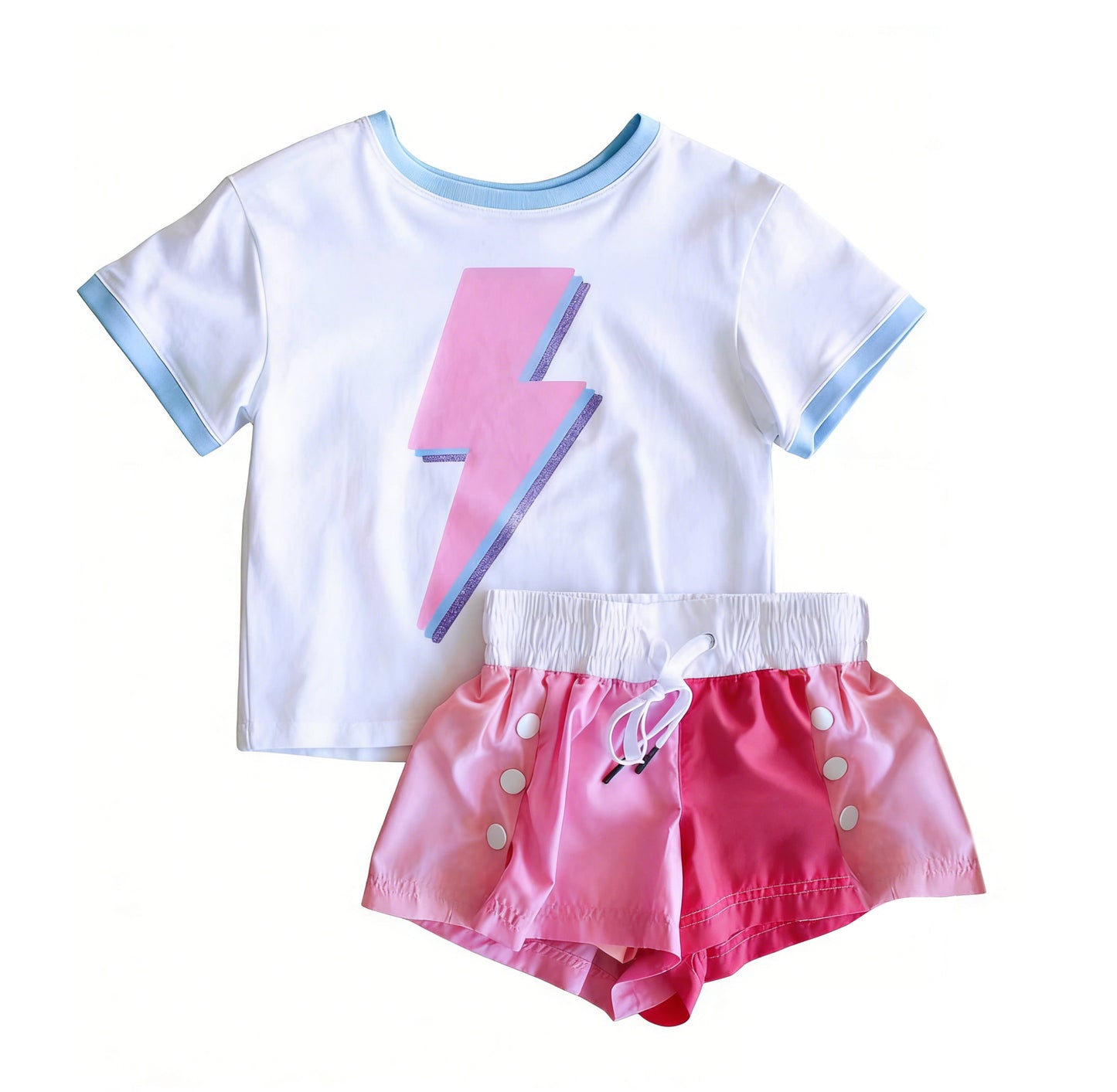 MOQ 5 PCS Preorder GSSO3628 Lightning Pink Blue Short Sleeve Shorts Girls Sets 202603