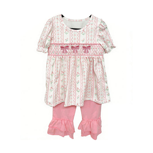 MOQ 5 PCS Preorder GSSO3630 Bows Floral Pink Short Sleeve Ruffle Shorts Girls Sets 202603