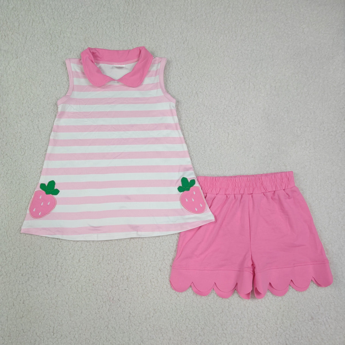 GSSO3631 Embroidery Strawberry Pink Scallop Edge Girls Shorts Set
