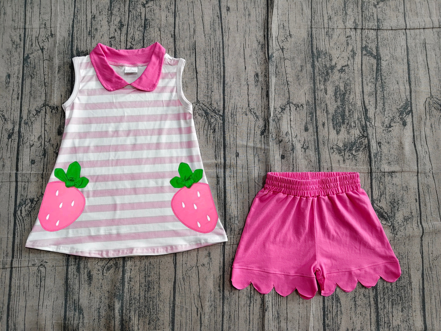 NO MOQ Preorder GSSO3631 Strawberry Rose Red Doll Collar Stripe Sleeveless Wave Ruffle Shorts Girls Sets 202605