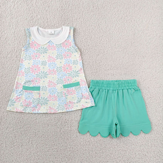 GSSO3632 Flower Doll Collar Light Green Pocket Sleeveless Wave Ruffle Shorts Girls Yoga Sets 202606 RTS