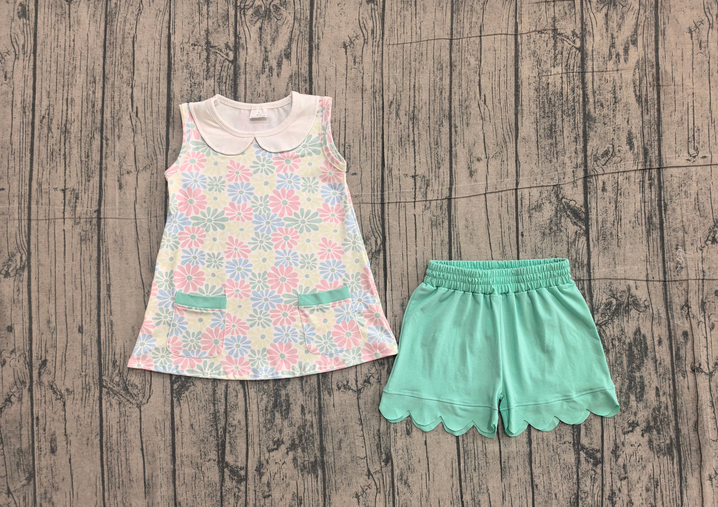 NO MOQ Preorder GSSO3632 Flower Doll Collar Light Green Pocket Sleeveless Wave Ruffle Shorts Girls Yoga Sets 202605