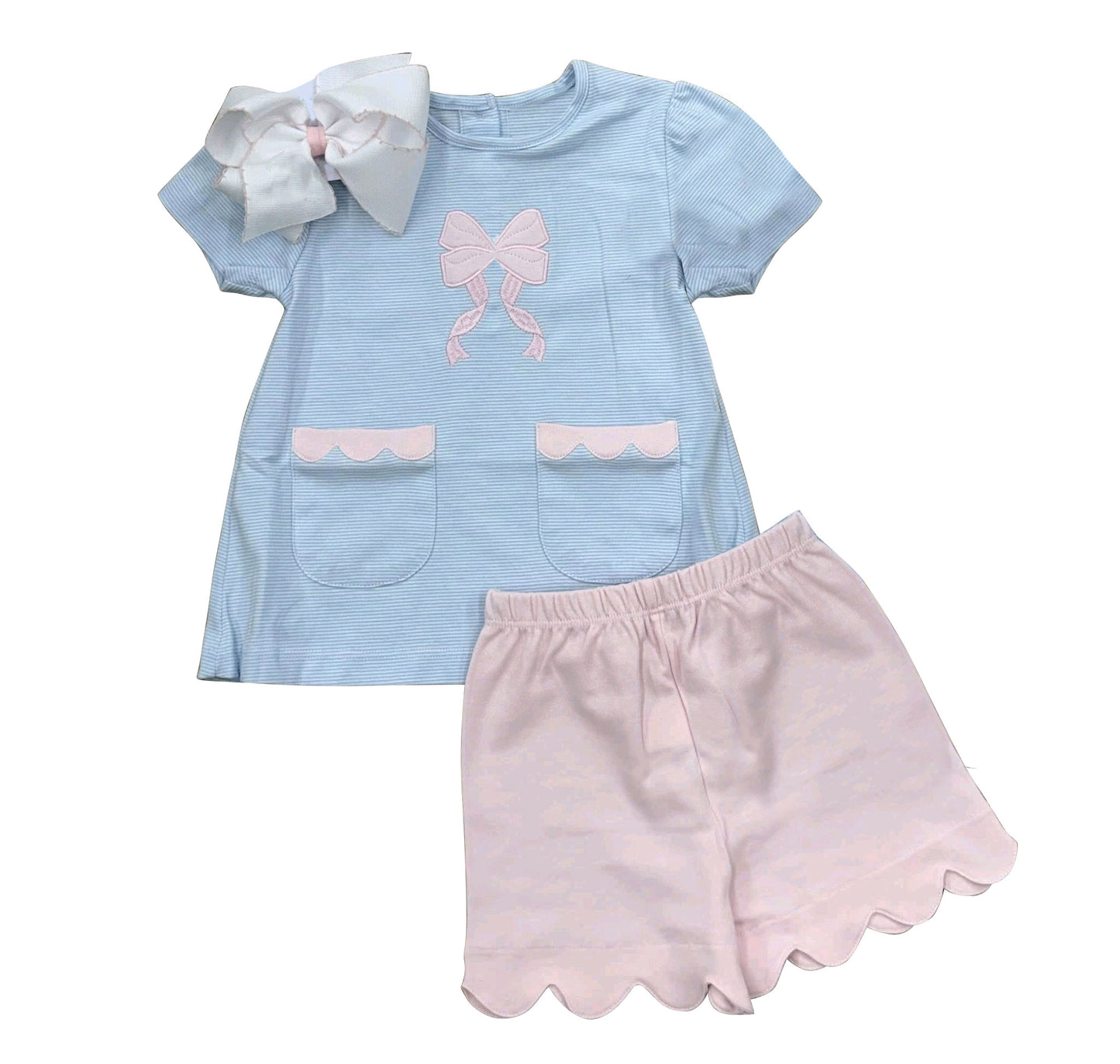 MOQ 30 PCS Preorder GSSO3633 Pink Bow Blue Doll Collar Pocket Sleeveless Wave Ruffle Shorts Girls Sets 202603