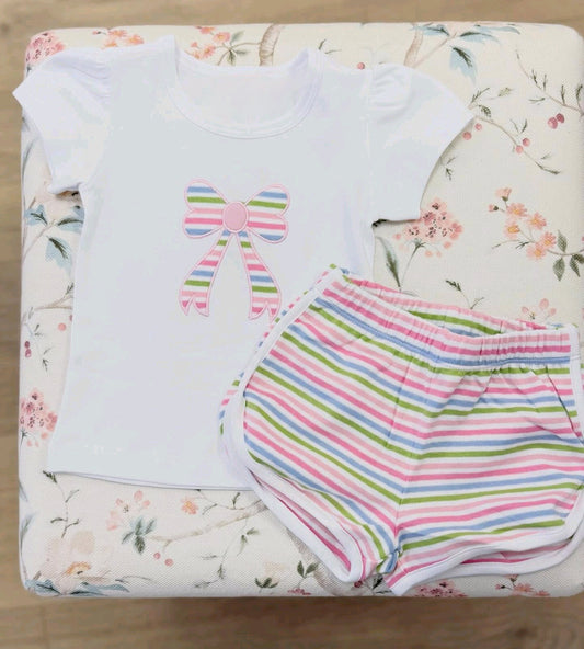 MOQ 5 PCS Preorder GSSO3635 Colored Stripe Bow White Short Sleeve Shorts Girls Sets 202603