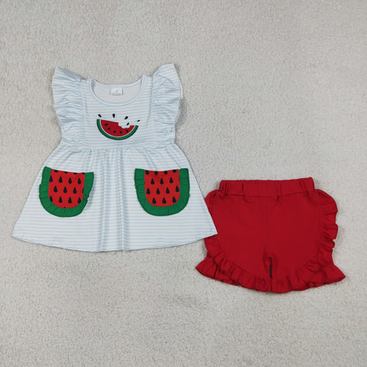 GSSO3636 Embroidered Watermelon Green Ruffle Pocket Blue Stripe Fly Sleeve Shorts Girls Sets 202605 RTS
