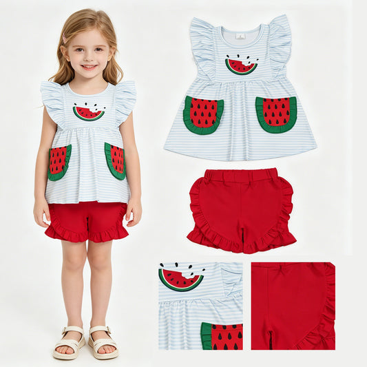 GSSO3636 Embroidered Watermelon Green Ruffle Pocket Blue Stripe Fly Sleeve Shorts Girls Sets 202605 RTS