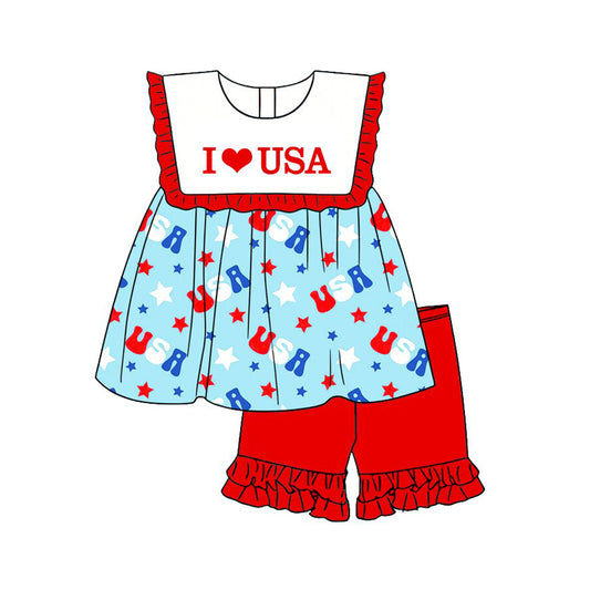MOQ 5 PCS Preorder GSSO3637 4th of July I Love USA Red Ruffle Sleeveless Shorts Girls Sets 202603