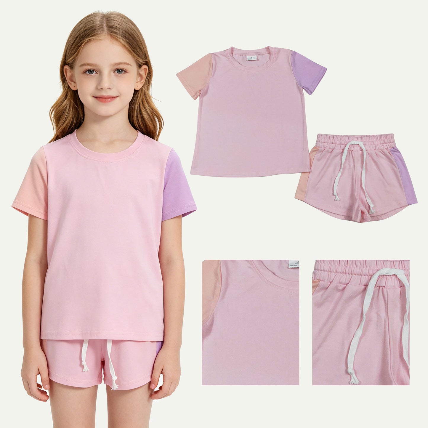 GSSO3638 Pink Patchwork Short Sleeve Shorts Girls Sets 202605 RTS