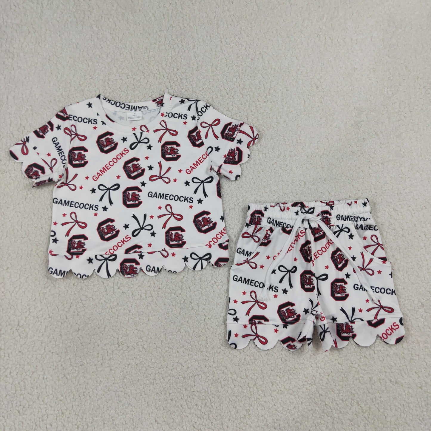 GSSO3641 GO TEAM Carolina Bows Star White Wave Ruffle Short Sleeve Shorts Girls Sets 202607 RTS
